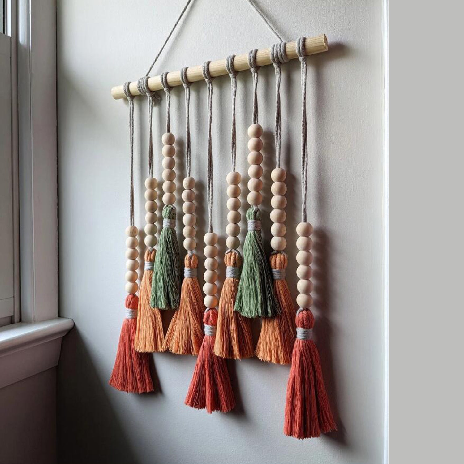 Colorful Tassel Wall Hanging-Wooden Beads Boho Tapestry Home Decor (Daylily red)