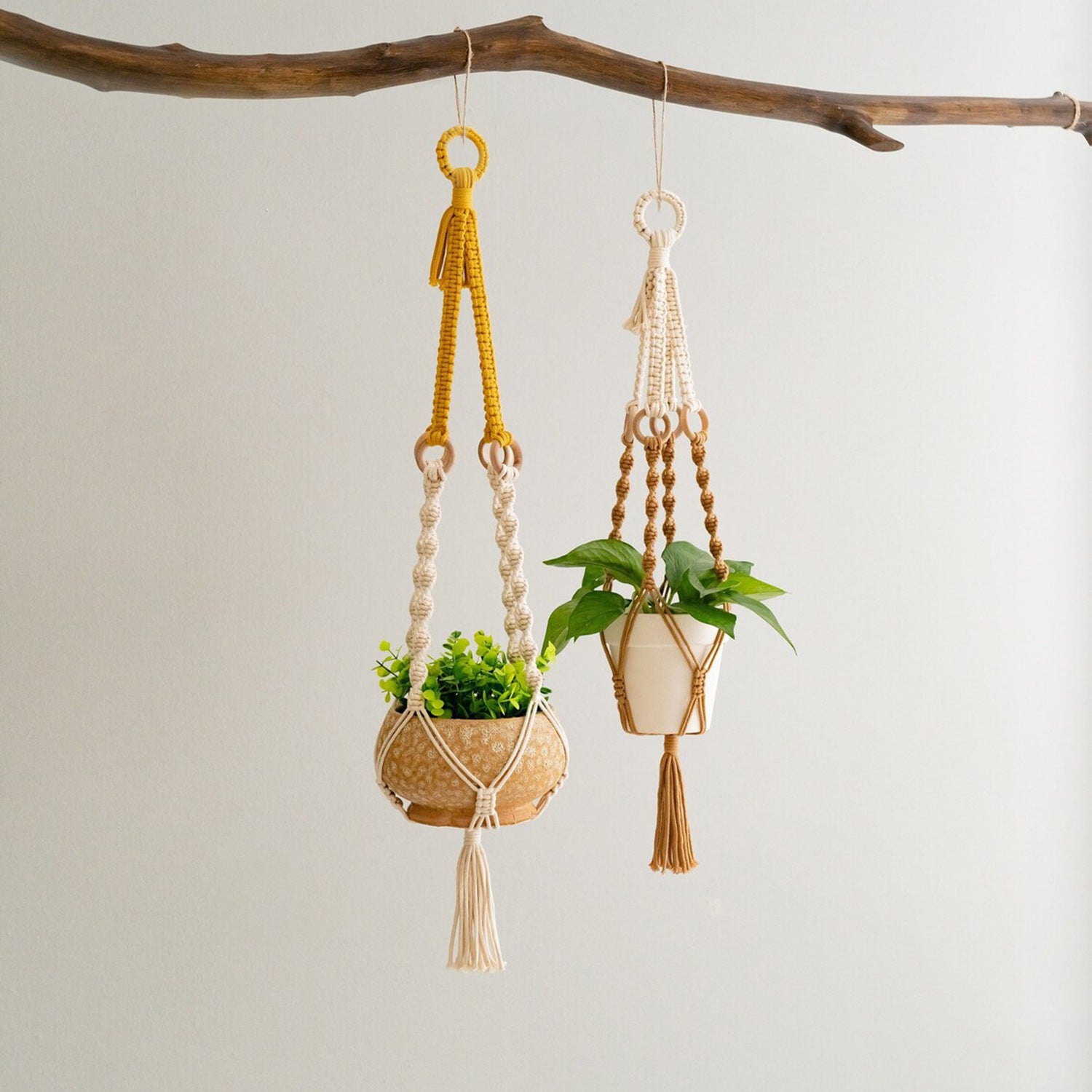 2 pcs Handwoven Plant Hanger-Cotton Rope Hanging Planter with Wooden Rings