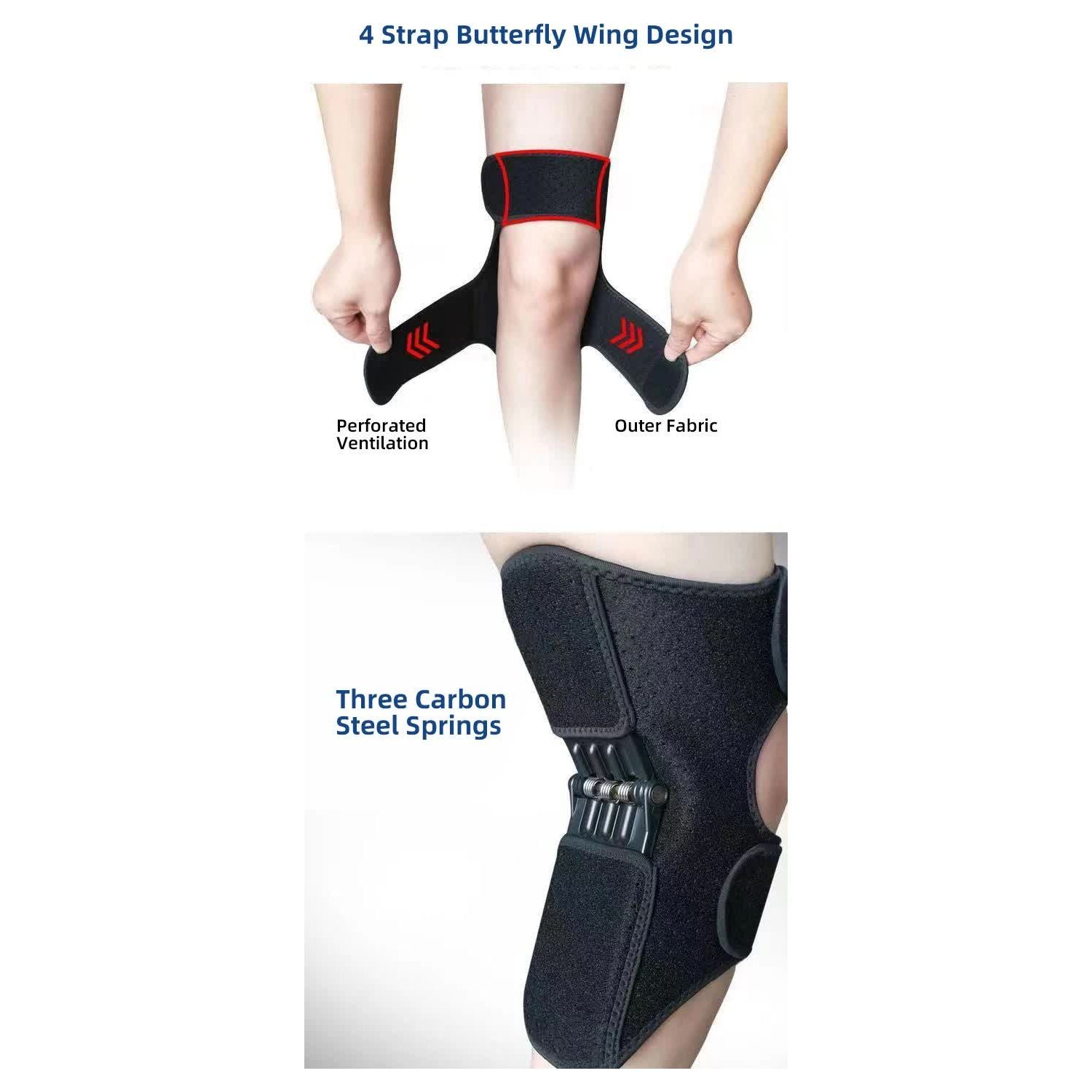 1 Pair Black Adjustable Knee Brace Support with Spring Booster – Patella Stabilizer for Squats, Hiking, and Outdoor Sports