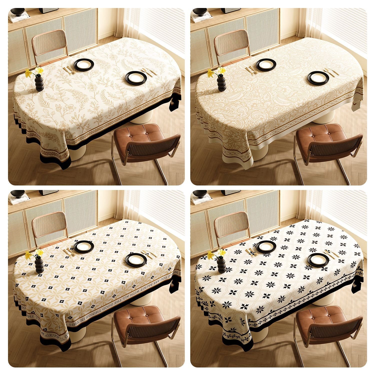 Style E Black And Beige Premium PVC Tablecloth - Oil & Water Resistant Table Cover for Dining Tables (120 x 180 cm)
