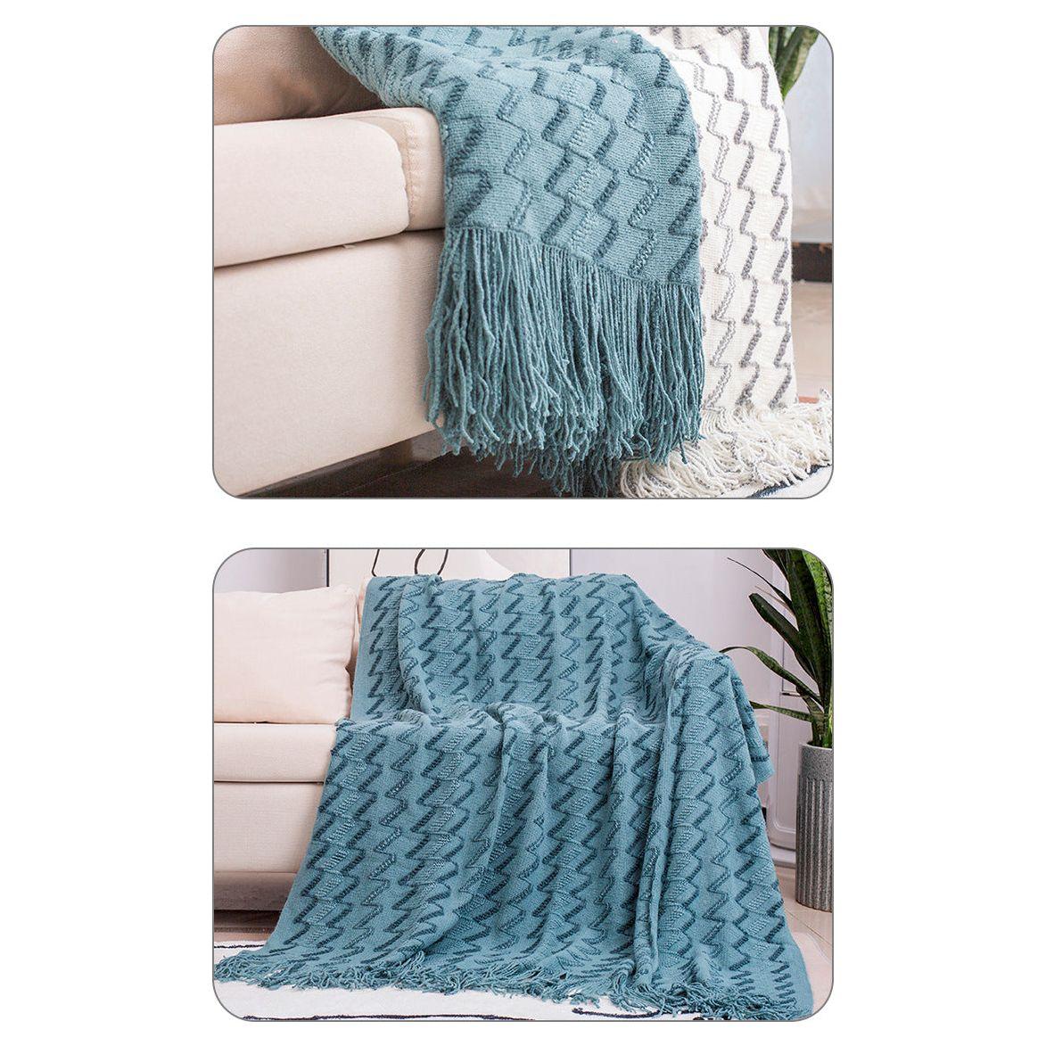 130*180CM Blue Modern Knitted Throw Blanket with Tassels - Soft & Lightweight for Sofa, Bed, and Office