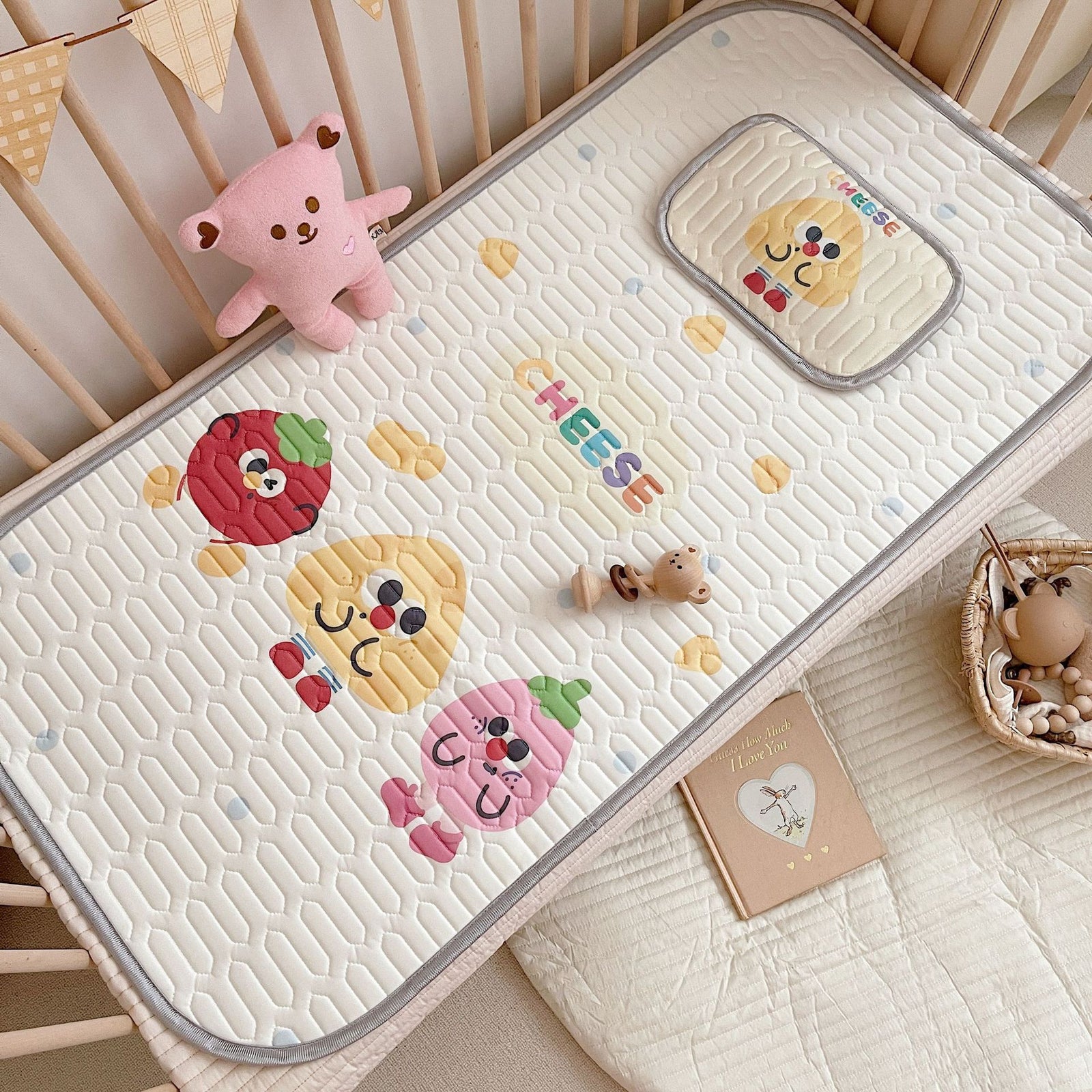 Cheese Pattern 2 Piece Set Kids Cooling Pad Set - 60x120cm Cartoon Latex Mattress Protector, Pillow