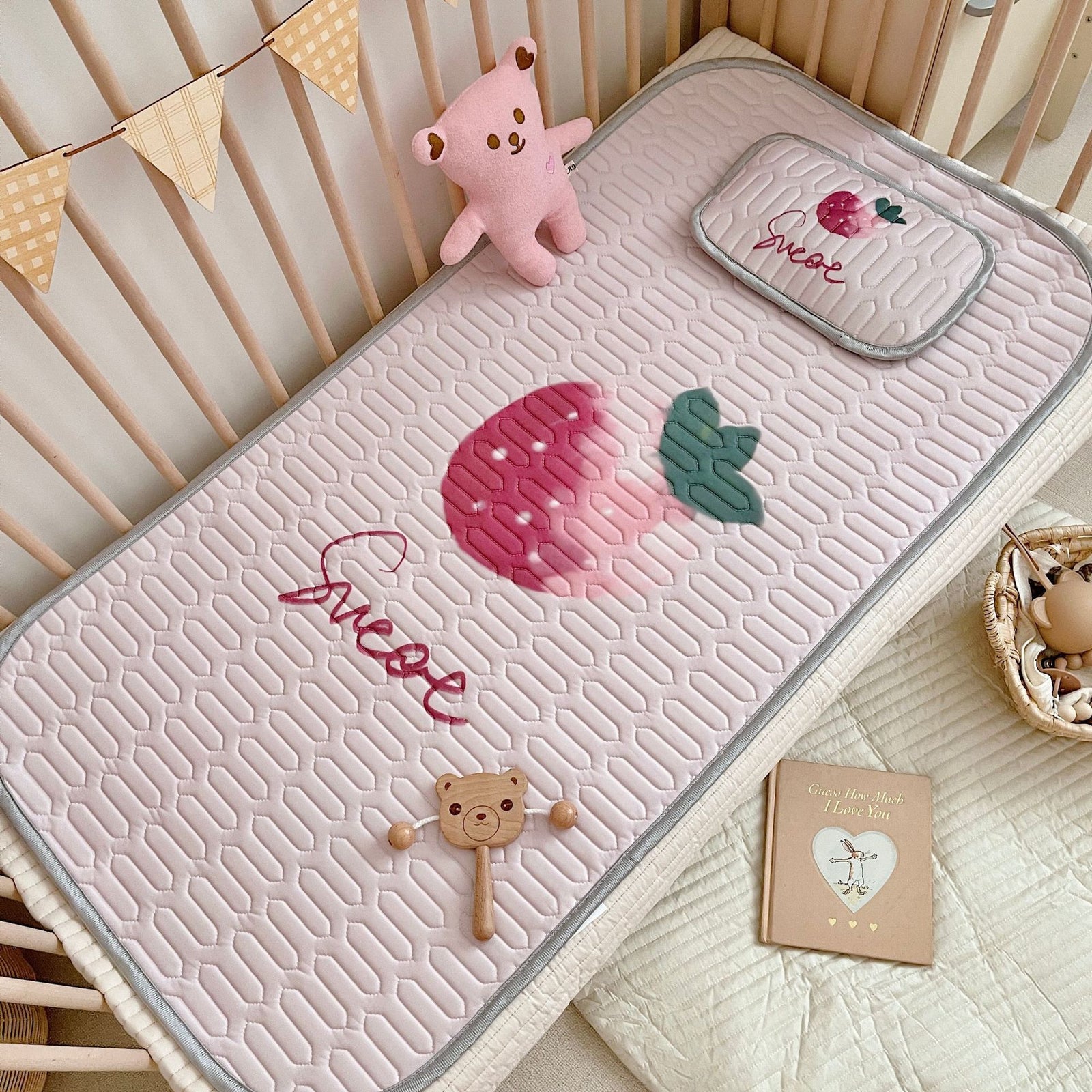 Strawberry Pattern 2 Piece Set Kids Cooling Pad Set - 60x120cm Cartoon Latex Mattress Protector, Pillow