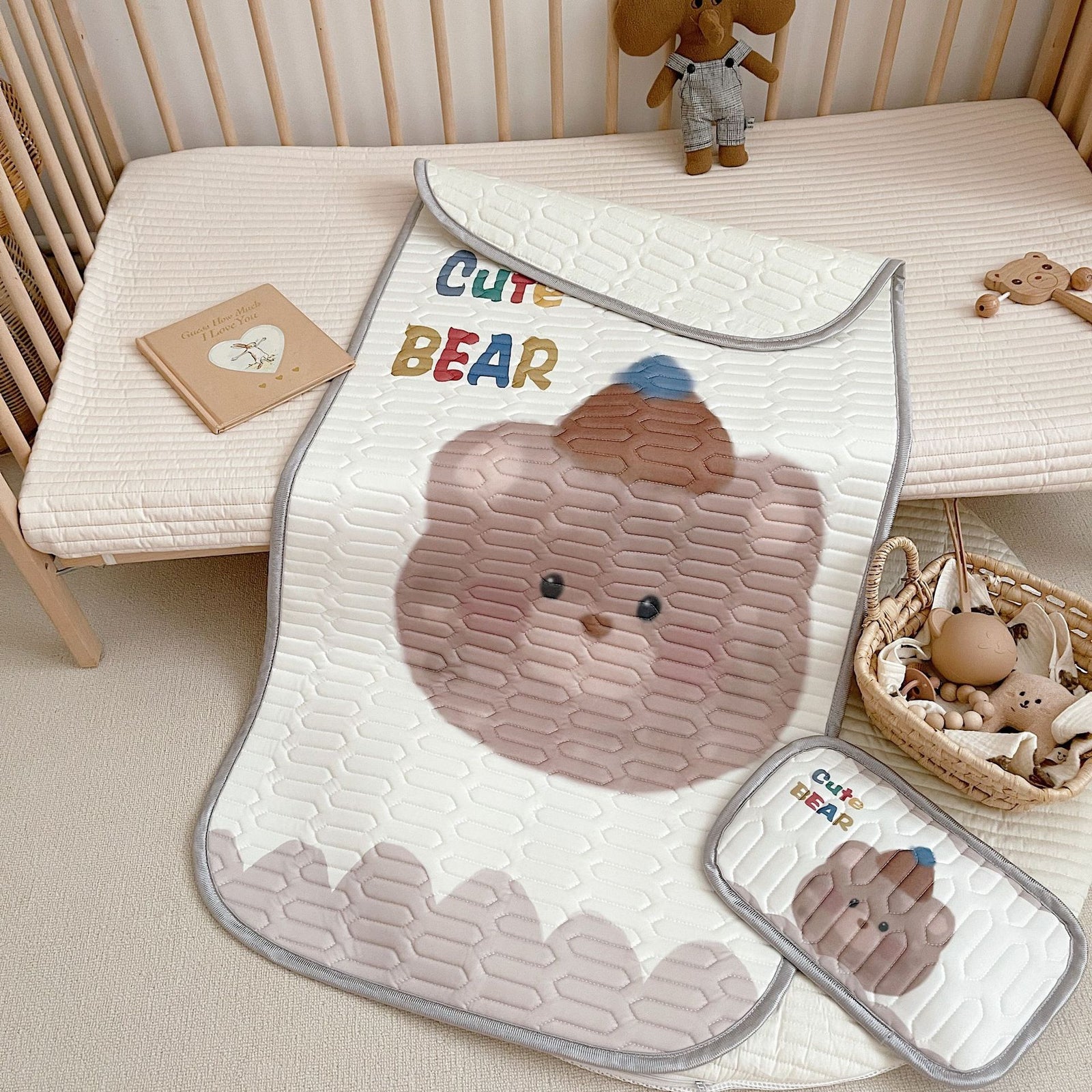 Cute Bear Pattern 2 Piece Set Kids Cooling Pad Set - 60x120cm Cartoon Latex Mattress Protector, Pillow