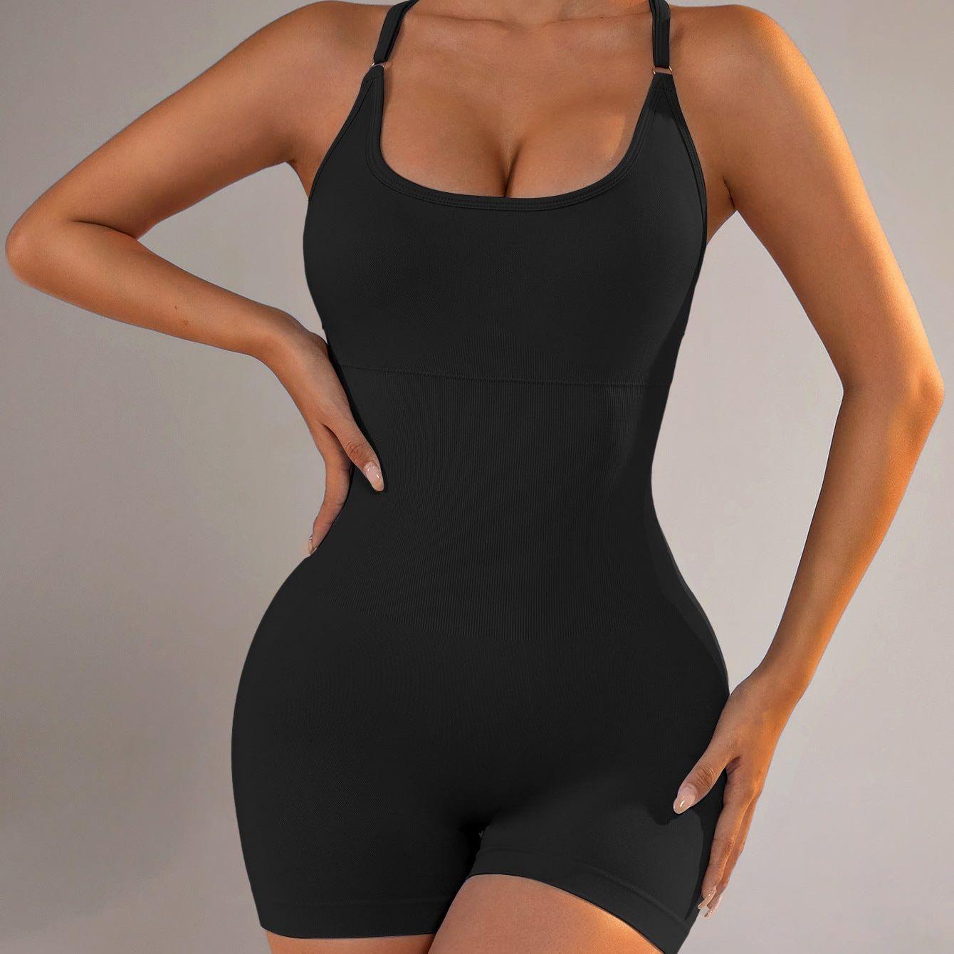 Size XS Black Nylon Seamless Yoga Bodysuit - Women's Athletic Romper, Crisscross Back, Workout Jumpsuit