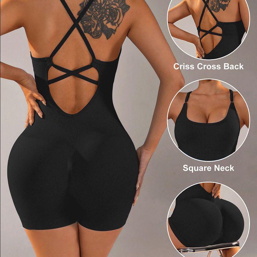 Size L Black Nylon Seamless Yoga Bodysuit - Women's Athletic Romper, Crisscross Back, Workout Jumpsuit