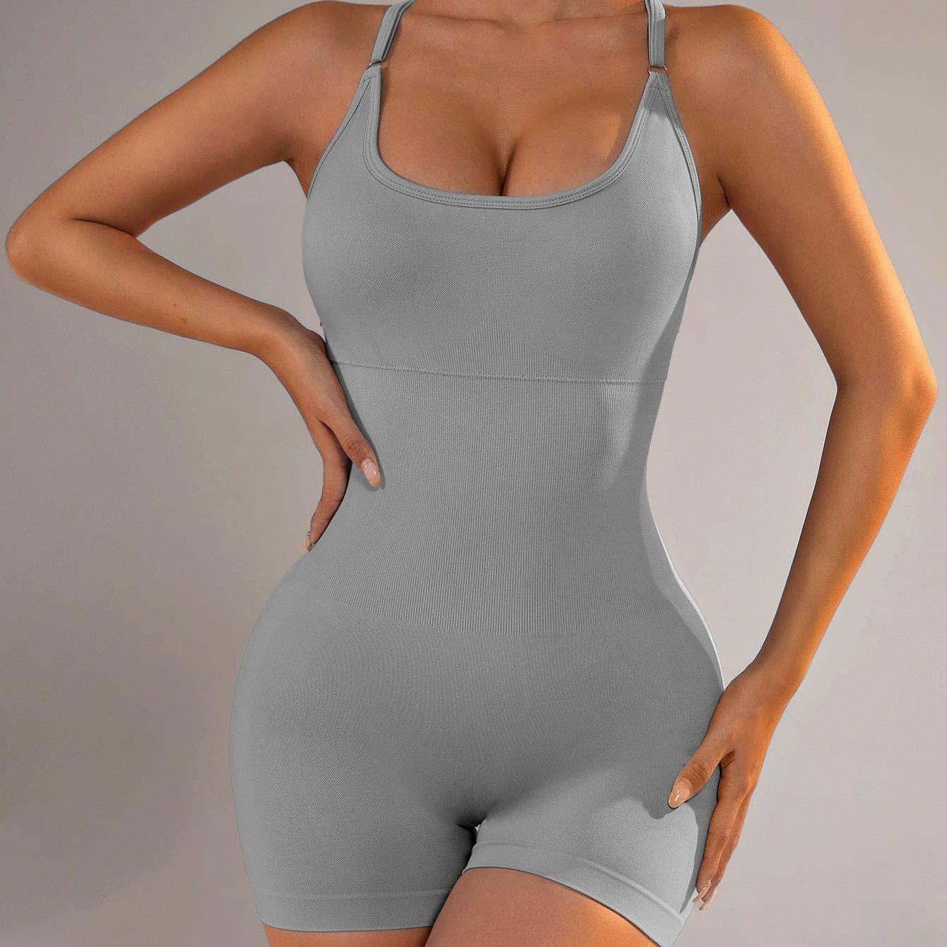 Size XS Light Grey Nylon Seamless Yoga Bodysuit - Women's Athletic Romper, Crisscross Back, Workout Jumpsuit