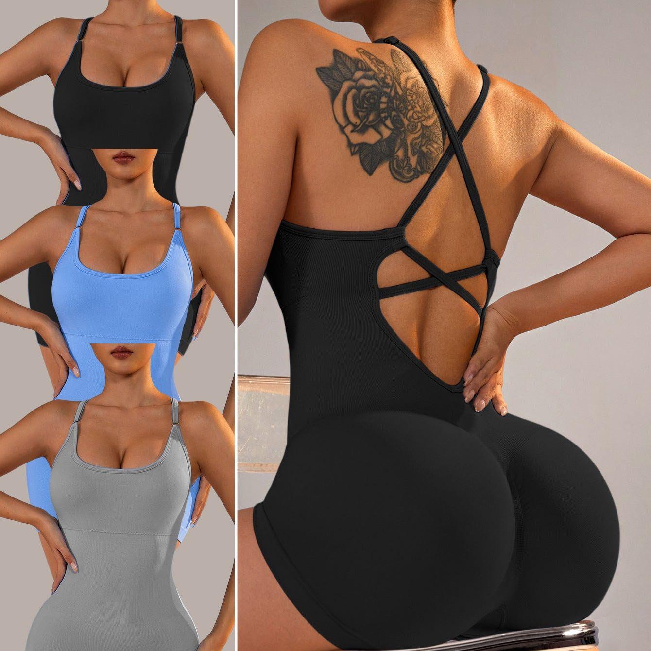 Size S Light Grey Nylon Seamless Yoga Bodysuit - Women's Athletic Romper, Crisscross Back, Workout Jumpsuit