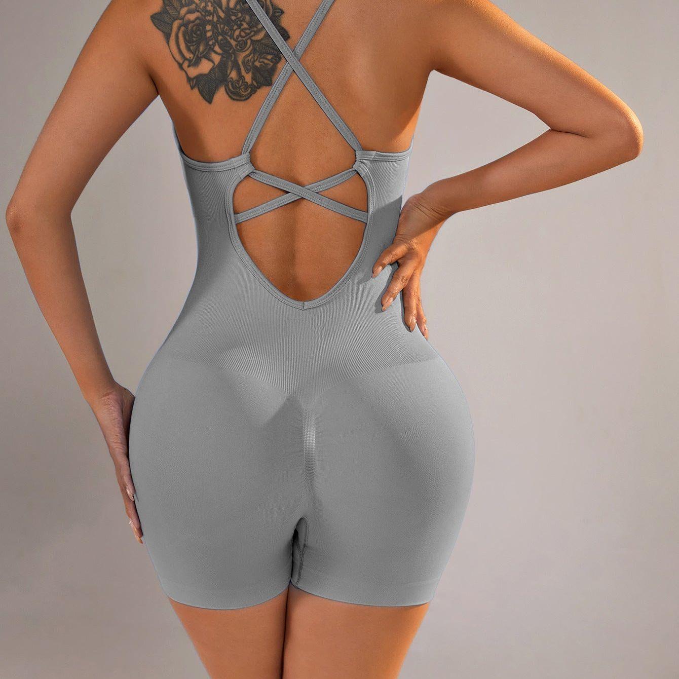 Size S Light Grey Nylon Seamless Yoga Bodysuit - Women's Athletic Romper, Crisscross Back, Workout Jumpsuit