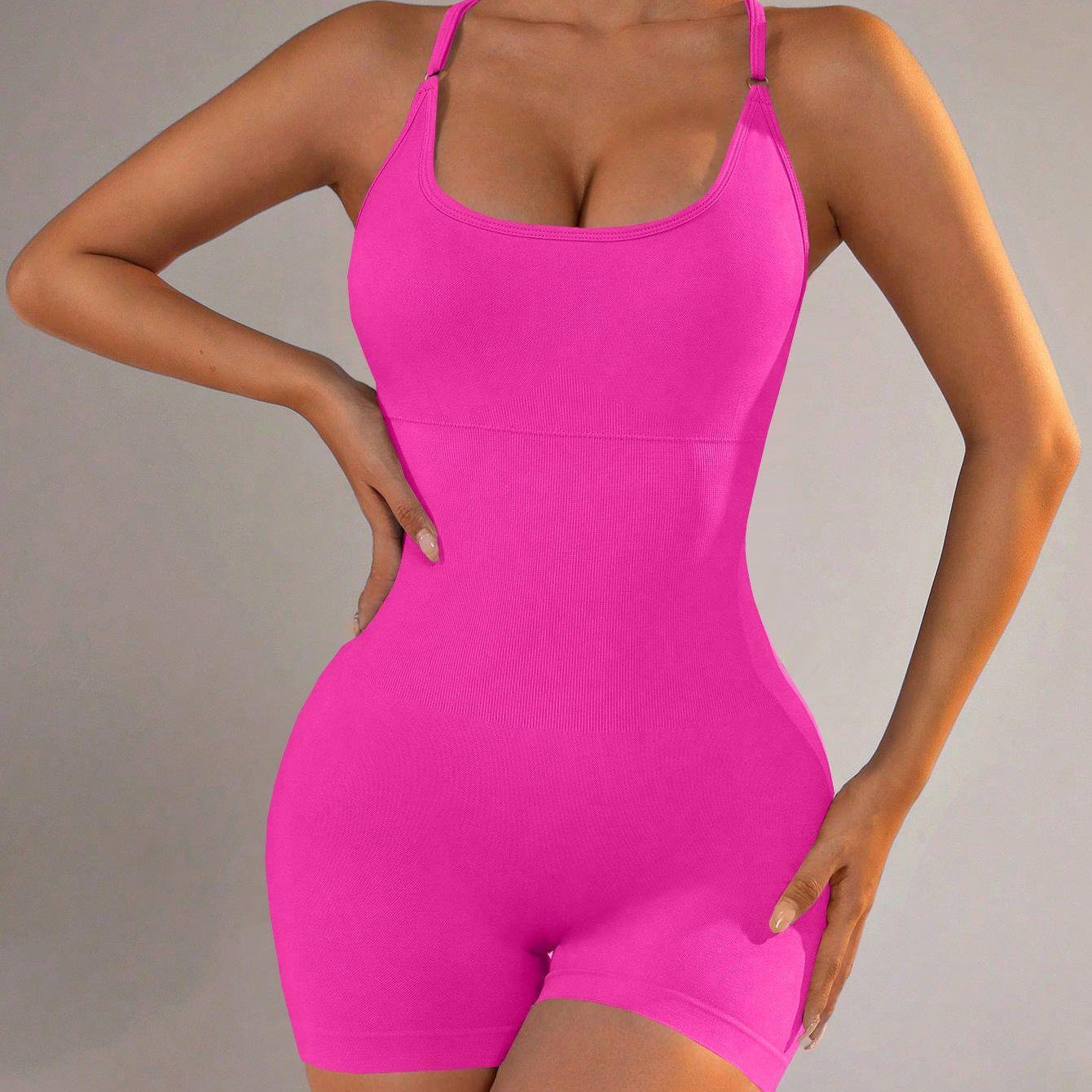 Size XS Rose Red Grey Nylon Seamless Yoga Bodysuit - Women's Athletic Romper, Crisscross Back, Workout Jumpsuit