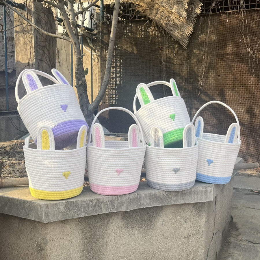 Blue And White Stitching Charming Easter Egg Tote Basket - Cute Rabbit-Themed Handwoven Cotton Rope Candy Holder