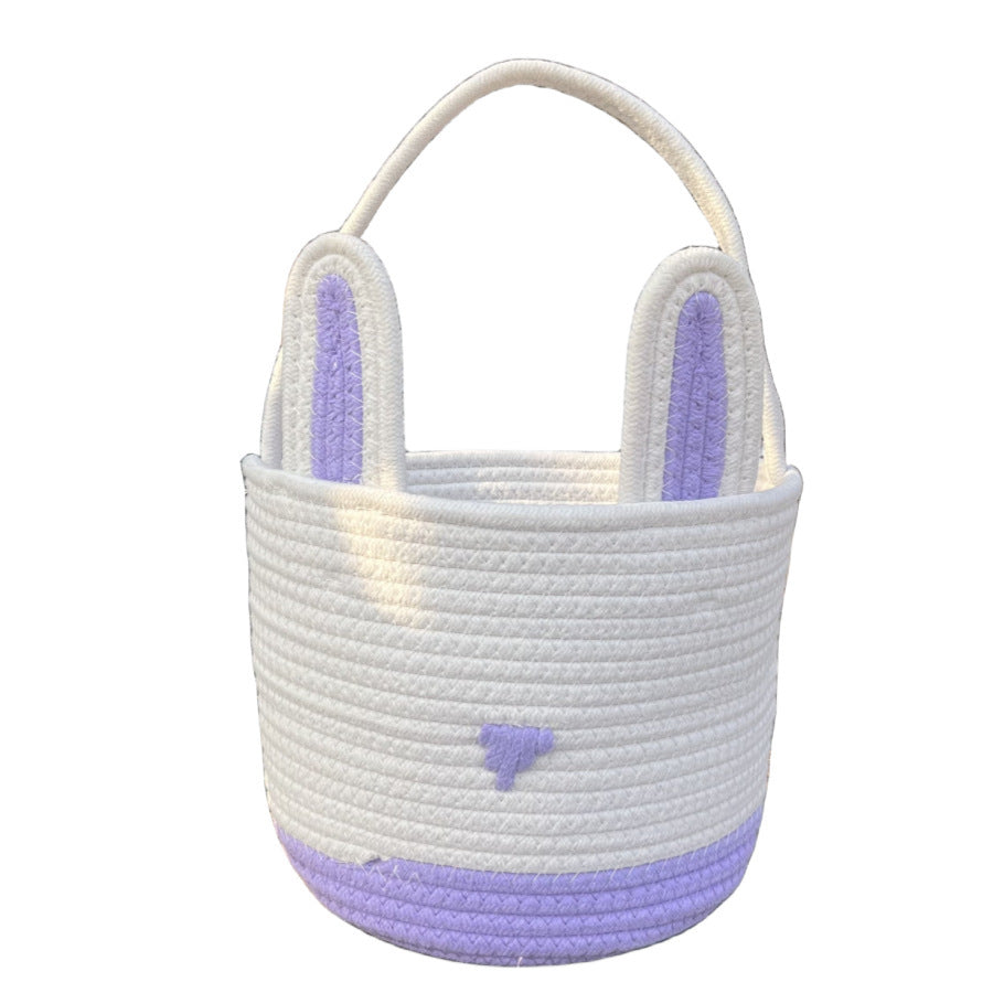 Purple And White Stitching Charming Easter Egg Tote Basket - Cute Rabbit-Themed Handwoven Cotton Rope Candy Holder