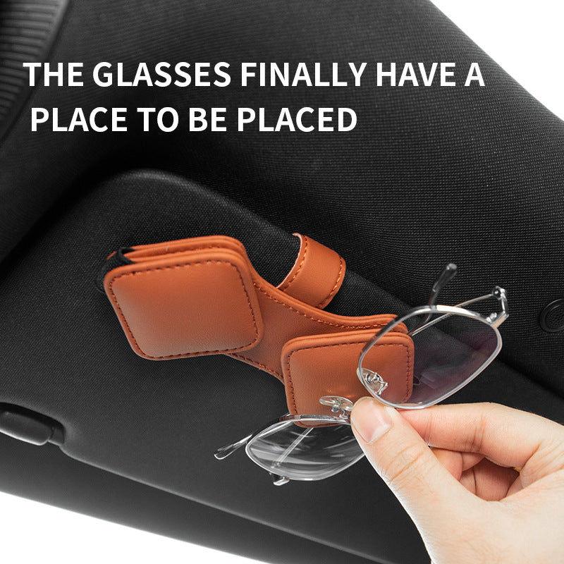 2 Pcs Brown Car Sun Visor Glasses Holder Clip with Dual Magnetic Clamps - PU Leather, Anti-Slip, and Multi-Functional Storage