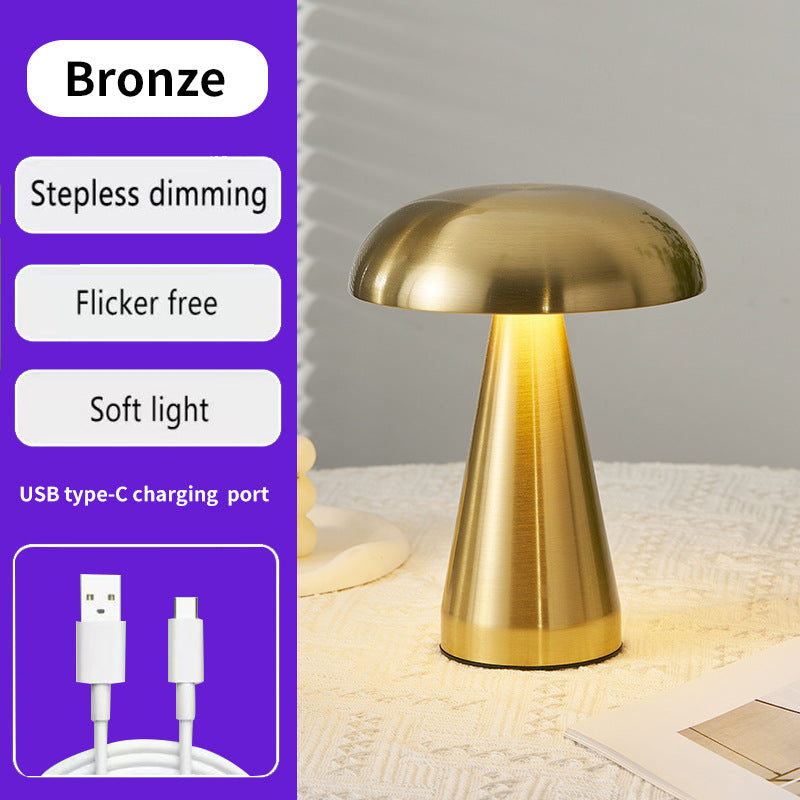 Bronze Metal Mushroom Table Lamp - Rechargeable Touch Control Ambient Light with Remote
