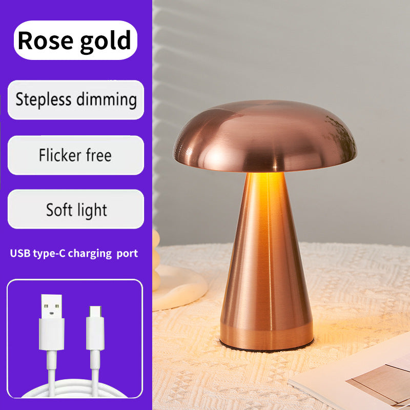 Rose Glod Metal Mushroom Table Lamp - Rechargeable Touch Control Ambient Light with Remote