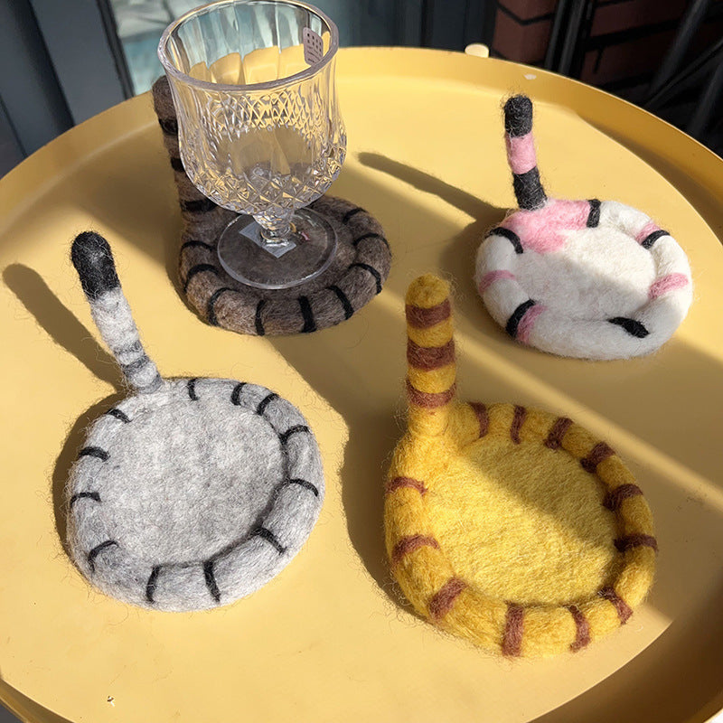 2 Pcs Yellow Handmade Wool Felt Cat Coasters - Cute Tiger Design, Heat-Resistant Table Mats