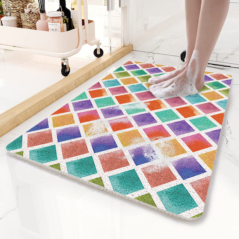 Colorful Diamond Pattern PVC Non-Slip Bath Mat 45x75cm - Shower Drain Hole Design, Soft & Quick-Dry Bathroom Rug
