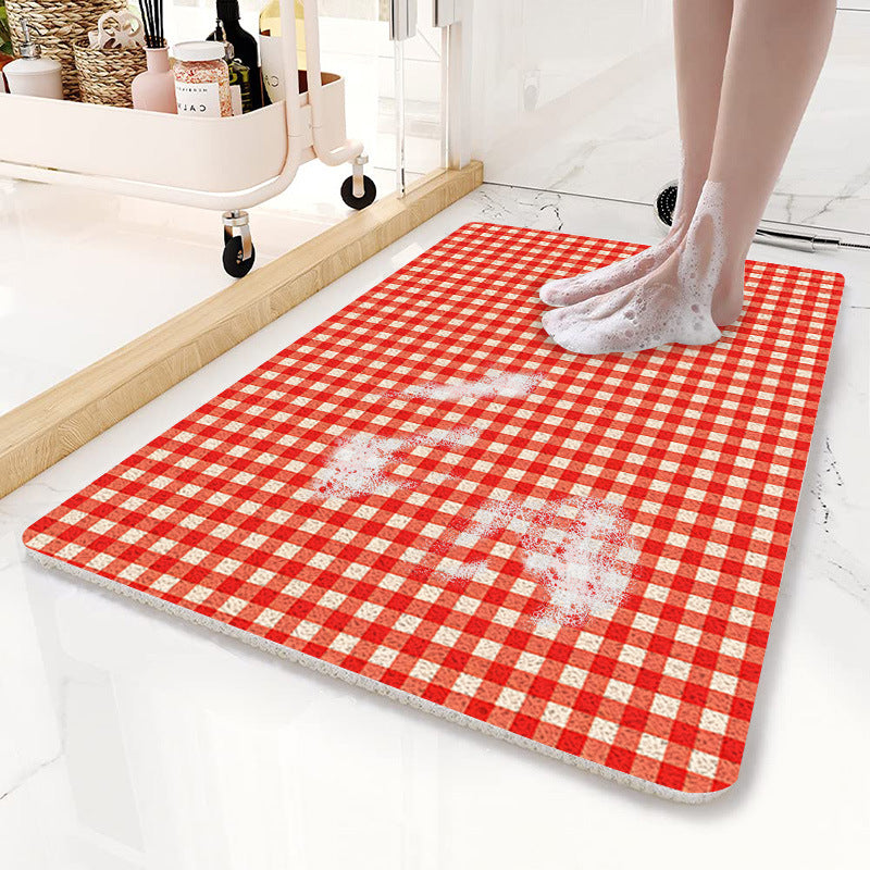 Red Plaid Pattern PVC Non-Slip Bath Mat 45x75cm - Shower Drain Hole Design, Soft & Quick-Dry Bathroom Rug