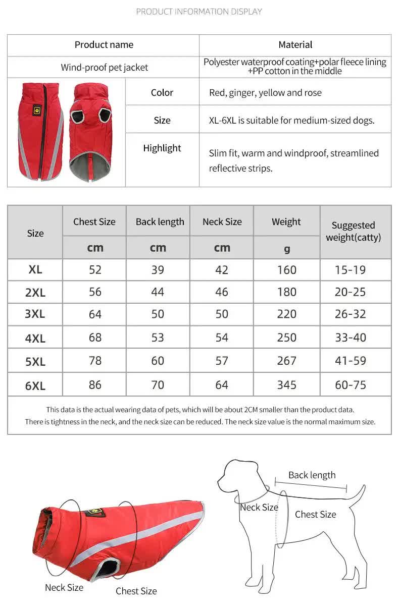 Size 2XL Pink Reflective Winter Dog Jacket - Warm & Waterproof Outdoor Coat for Large Breeds