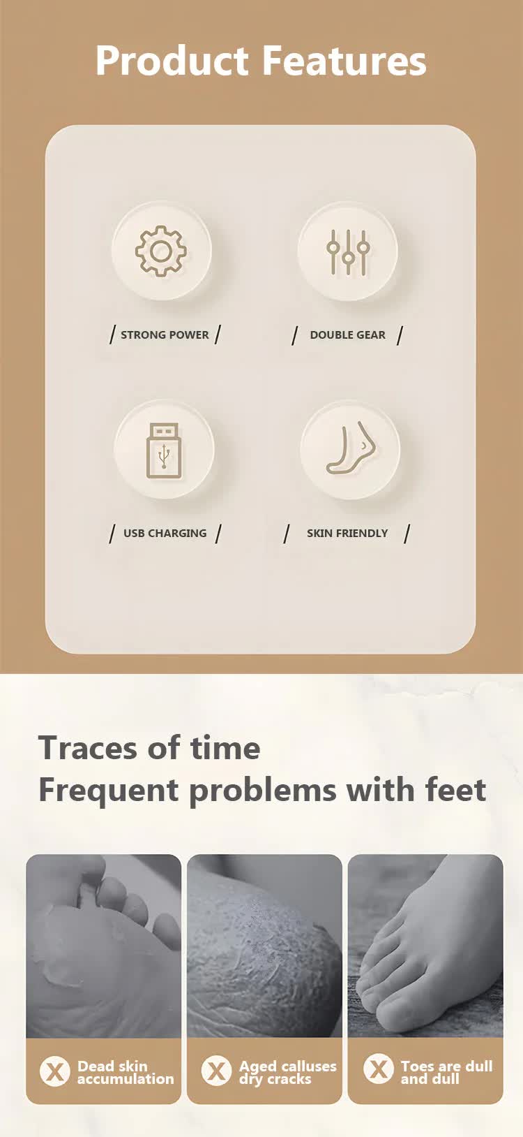 Beige Electric Foot Grinder with USB Charging - Dual-Speed Callus Remover for Smooth, Exfoliated Feet