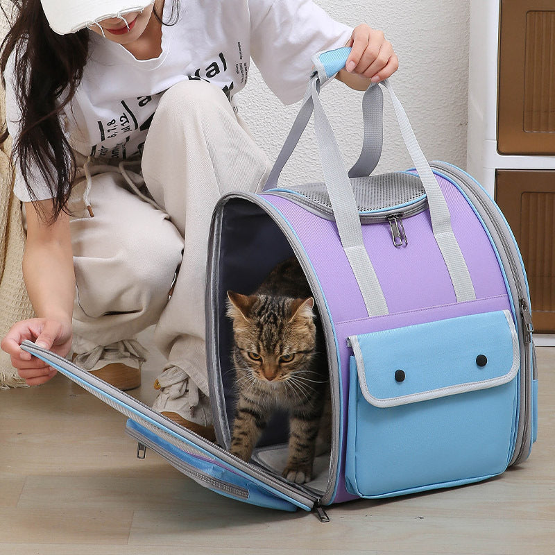 Blue And Purple Portable Pet Carrier Backpack - Spacious, Breathable, and Travel-Friendly for Cats and Small Dogs