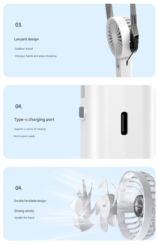 Pink Dual-Blade Portable Neck Fan - Rechargeable USB Fan with Carabiner