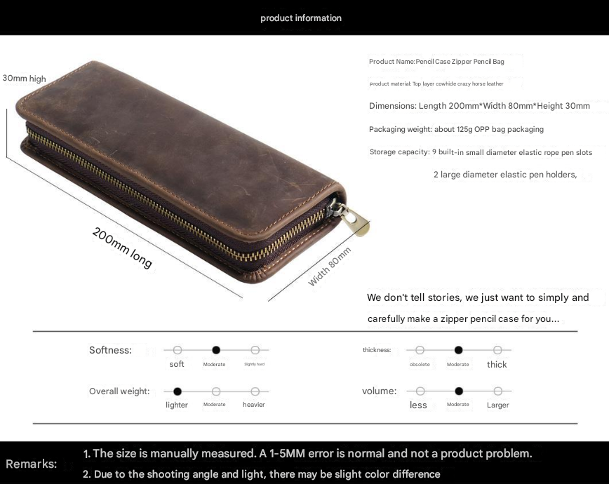 Brown Genuine Leather Pencil Case - Vintage Zip-Up Pen Holder with Elastic Loops