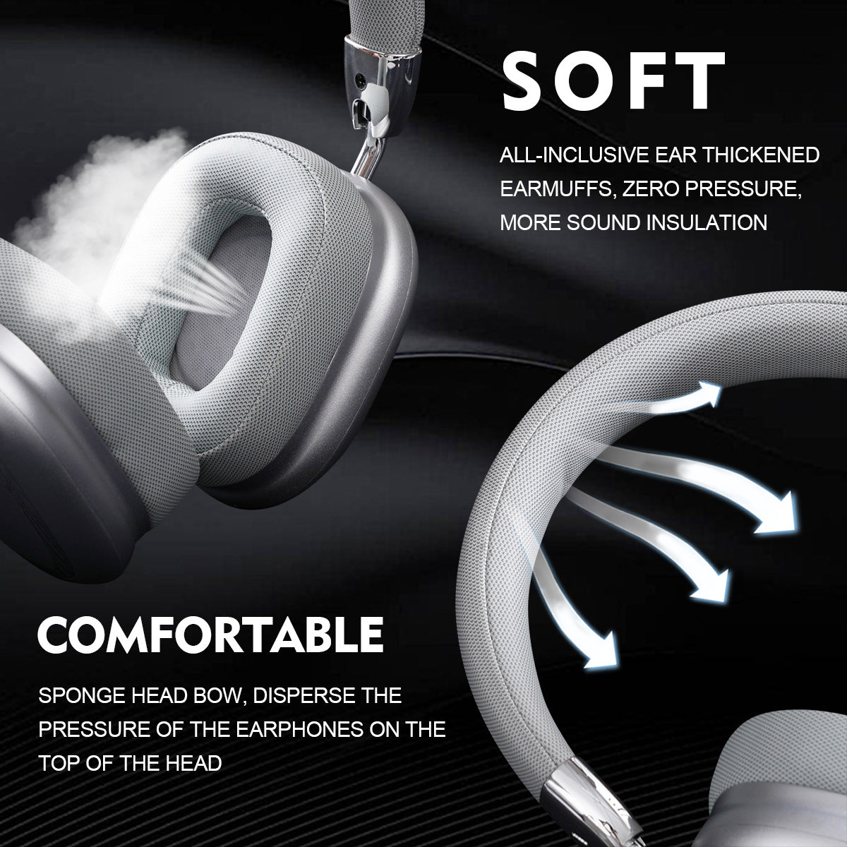 Silver Comfortable Bluetooth Over-Ear Headphones - Soft Earmuffs, Foldable Design, Stereo Sound