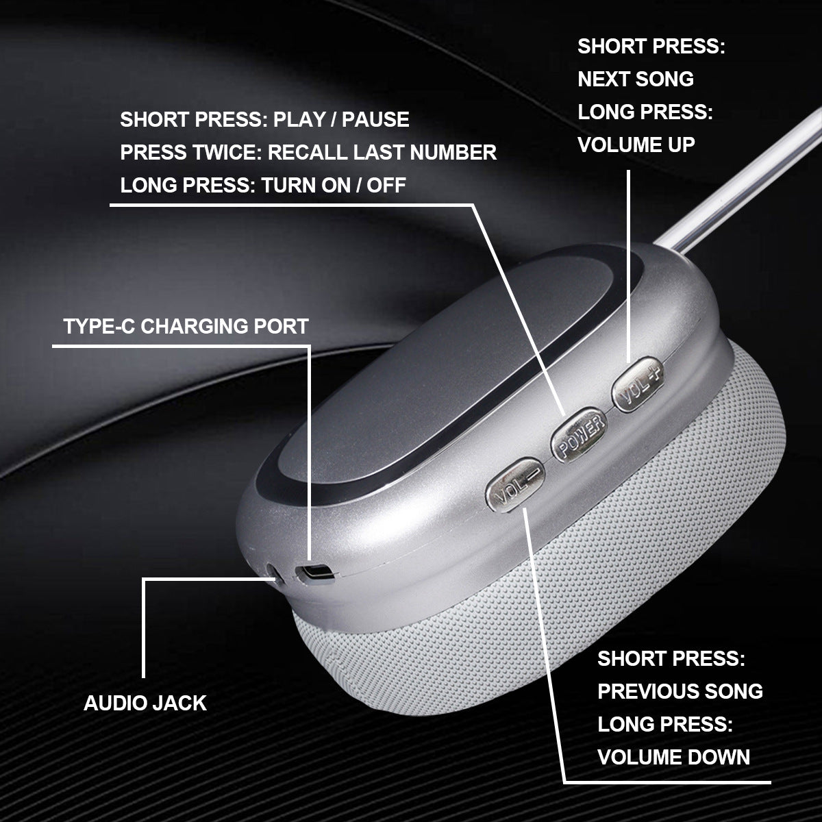 Silver Comfortable Bluetooth Over-Ear Headphones - Soft Earmuffs, Foldable Design, Stereo Sound