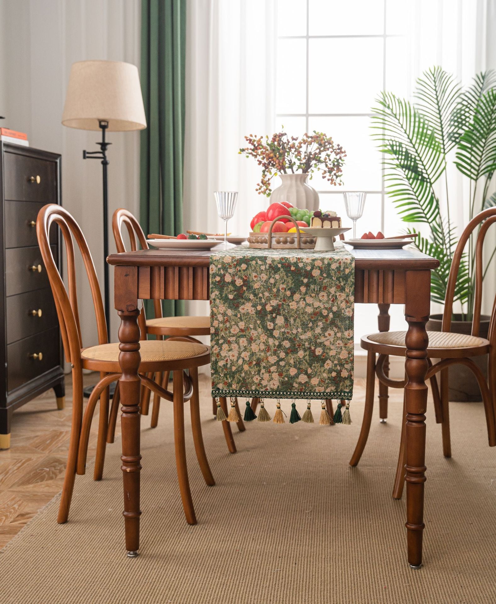 2 pcs Floral Table Runner with Tassels - Jacquard Green Farmhouse Style (33x140cm)