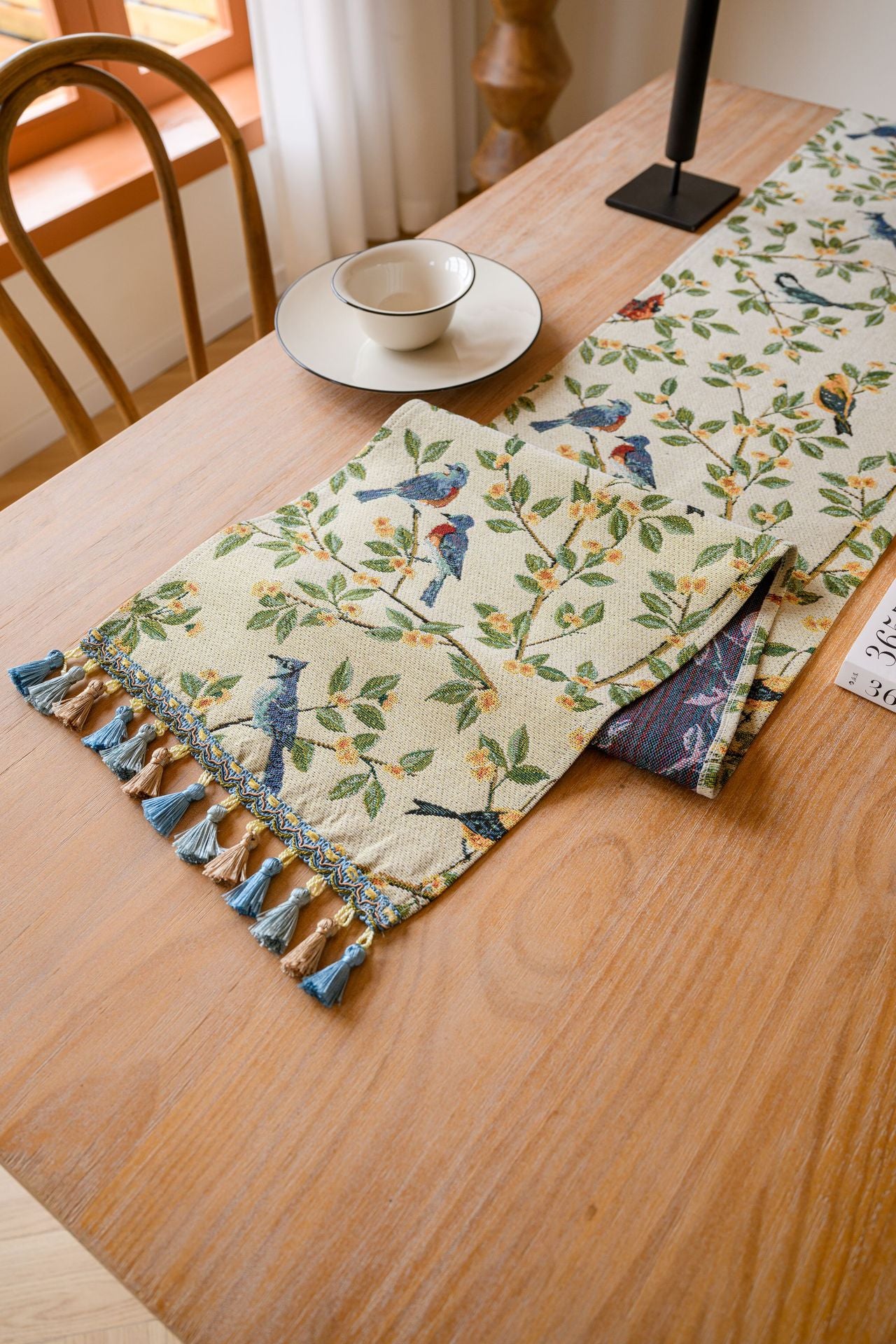 Birds & Branch Table Runner - Jacquard Woven Beige with Tassels(33X275CM)