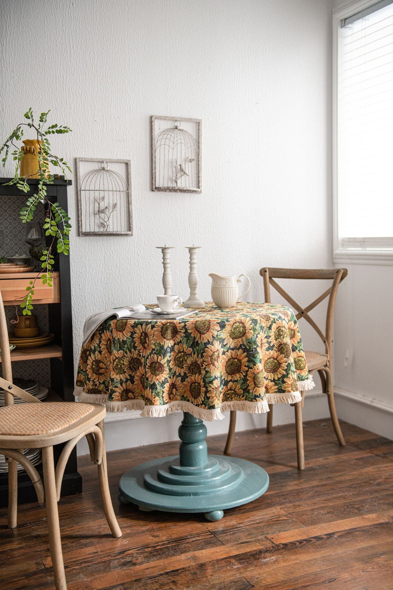 Round Sunflower Tablecloth - Jacquard Woven Cotton with Fringe Trim (150cm)