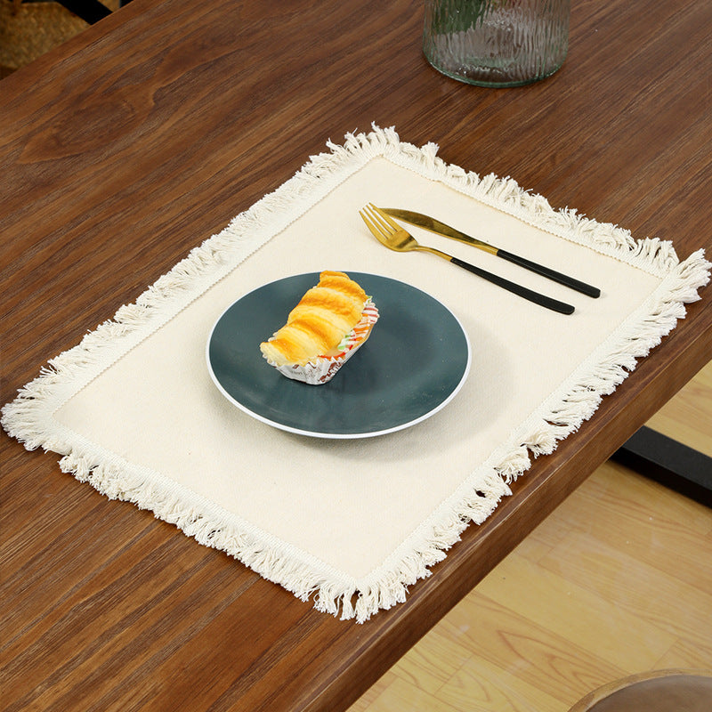 4 PCS Beige Cotton Linen Placemat with Fringe - Solid Color Table Mat for Dining (45X30CM)