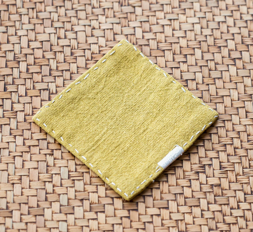 Yellow Chinese Style Linen Coasters - Set of 4, Hand-Embroidered Tea Mats (9x9cm)