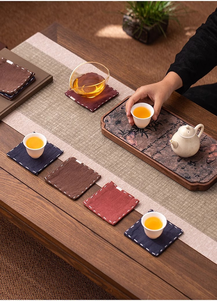 Navy Blue Chinese Style Linen Coasters - Set of 4, Hand-Embroidered Tea Mats (9x9cm)