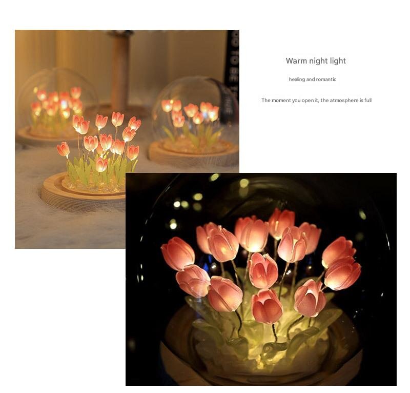 (Ten Pink Tulips) Glowing Tulip Dome Lamp - Wooden Base, Bedside Table Decoration