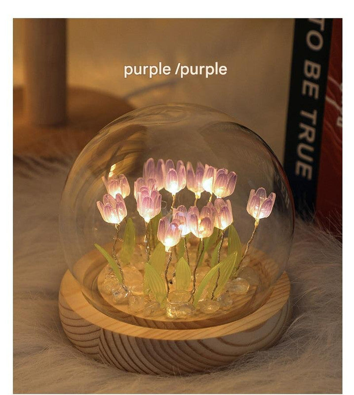 (Ten Purple Tulips) Glowing Tulip Dome Lamp - Wooden Base, Bedside Table Decoration