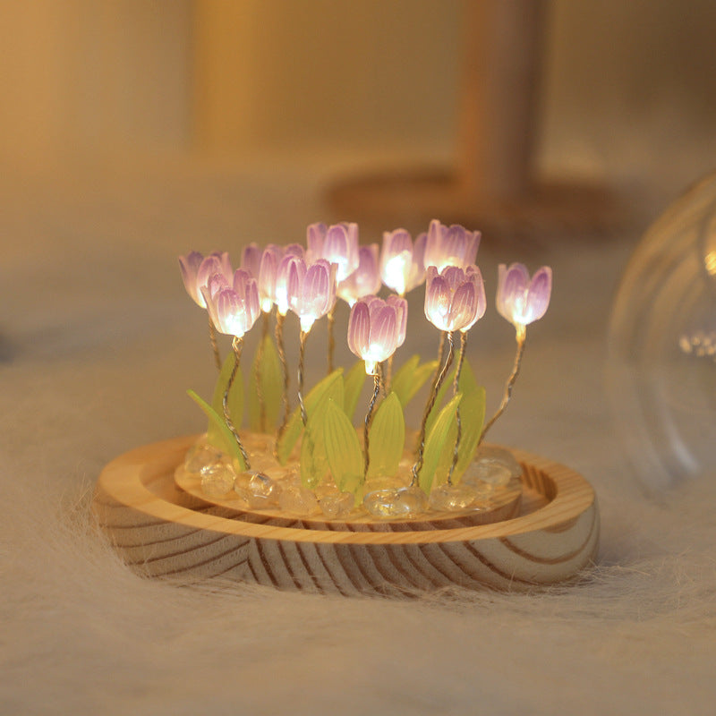 (Thirteen Purple Tulips) Glowing Tulip Dome Lamp - Wooden Base, Bedside Table Decoration