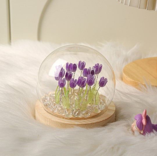 (Thirteen Purple Tulips) Glowing Tulip Dome Lamp - Wooden Base, Bedside Table Decoration