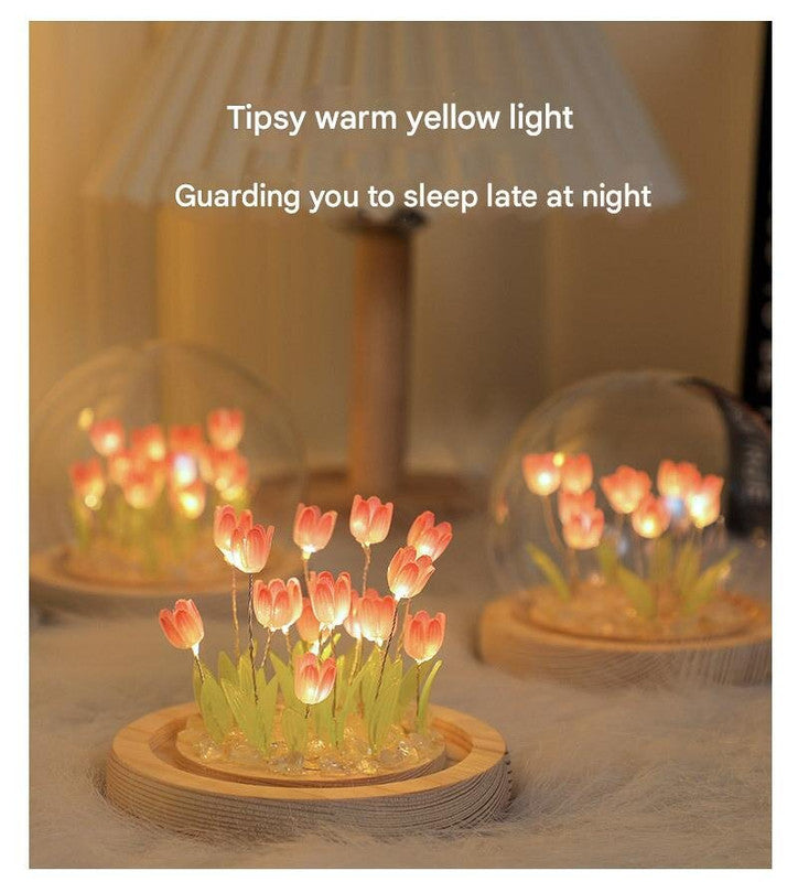 (Thirteen Pink Tulips) Glowing Tulip Dome Lamp - Wooden Base, Bedside Table Decoration