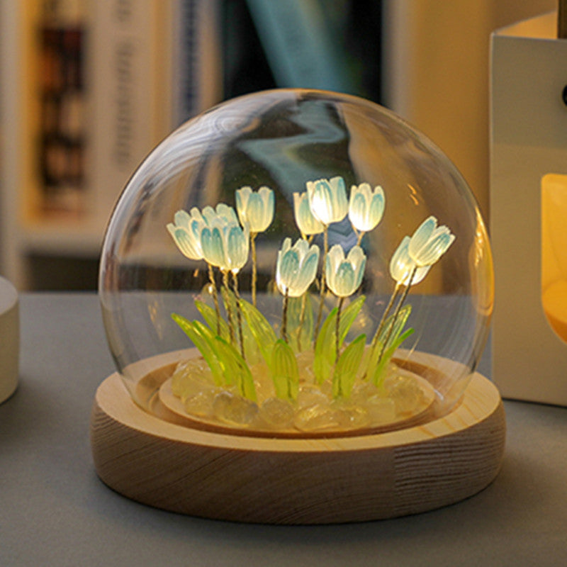 (Sixteen Blue Tulips) Glowing Tulip Dome Lamp - Wooden Base, Bedside Table Decoration
