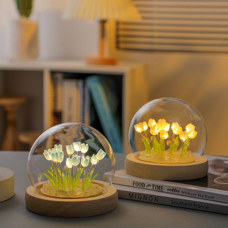 (Sixteen Blue Tulips) Glowing Tulip Dome Lamp - Wooden Base, Bedside Table Decoration