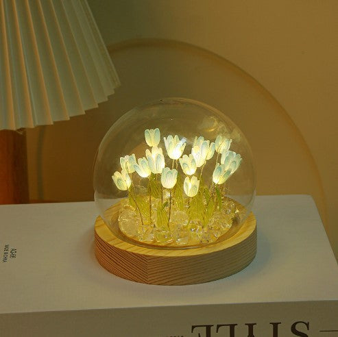 (Sixteen Blue Tulips) Glowing Tulip Dome Lamp - Wooden Base, Bedside Table Decoration