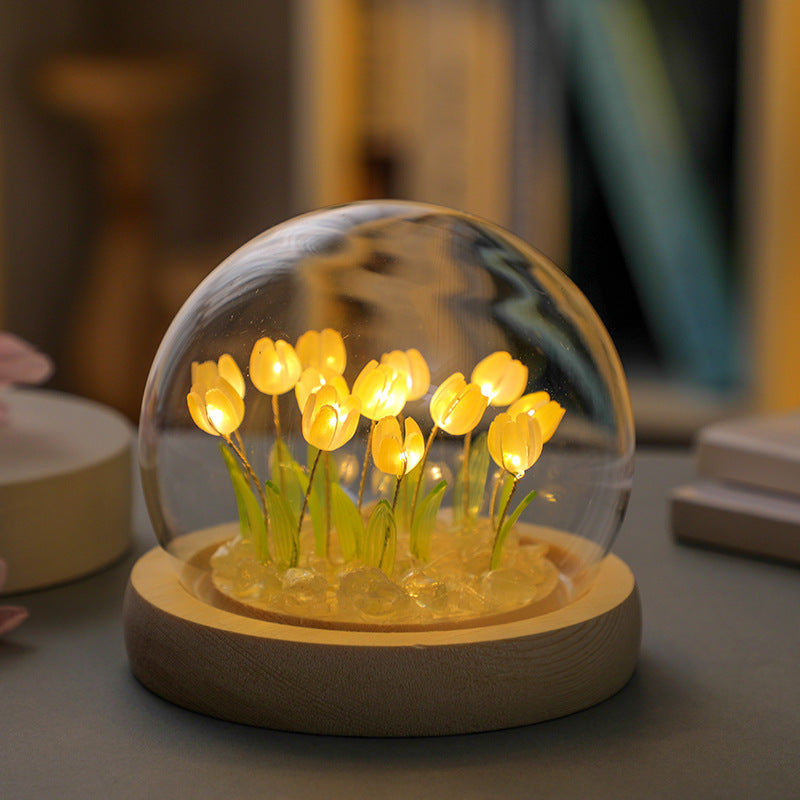(Sixteen Yellow Tulips) Glowing Tulip Dome Lamp - Wooden Base, Bedside Table Decoration