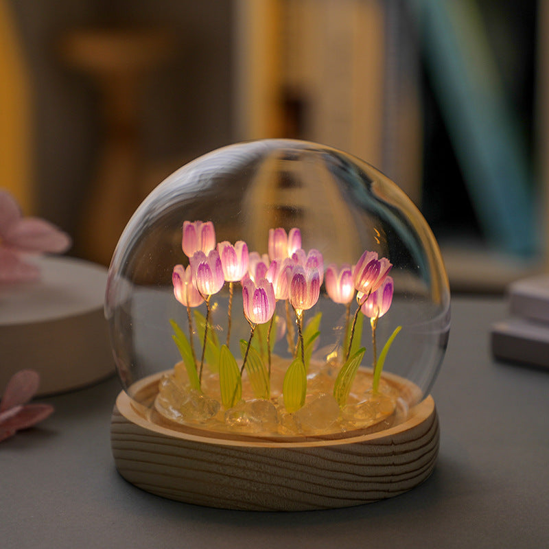 (Sixteen Purple Tulips) Glowing Tulip Dome Lamp - Wooden Base, Bedside Table Decoration