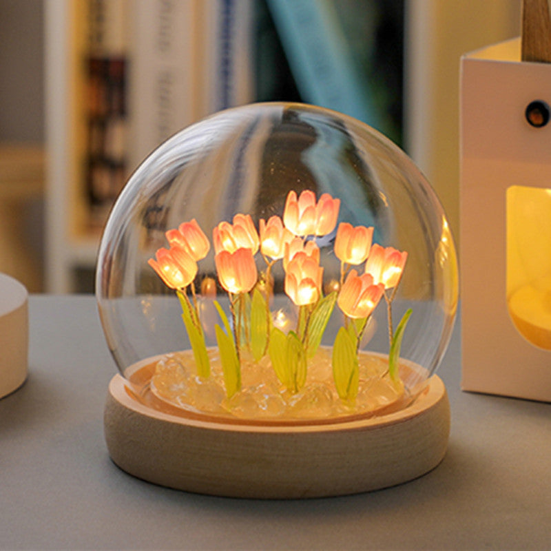 (Twenty Pink Tulips) Glowing Tulip Dome Lamp - Wooden Base, Bedside Table Decoration