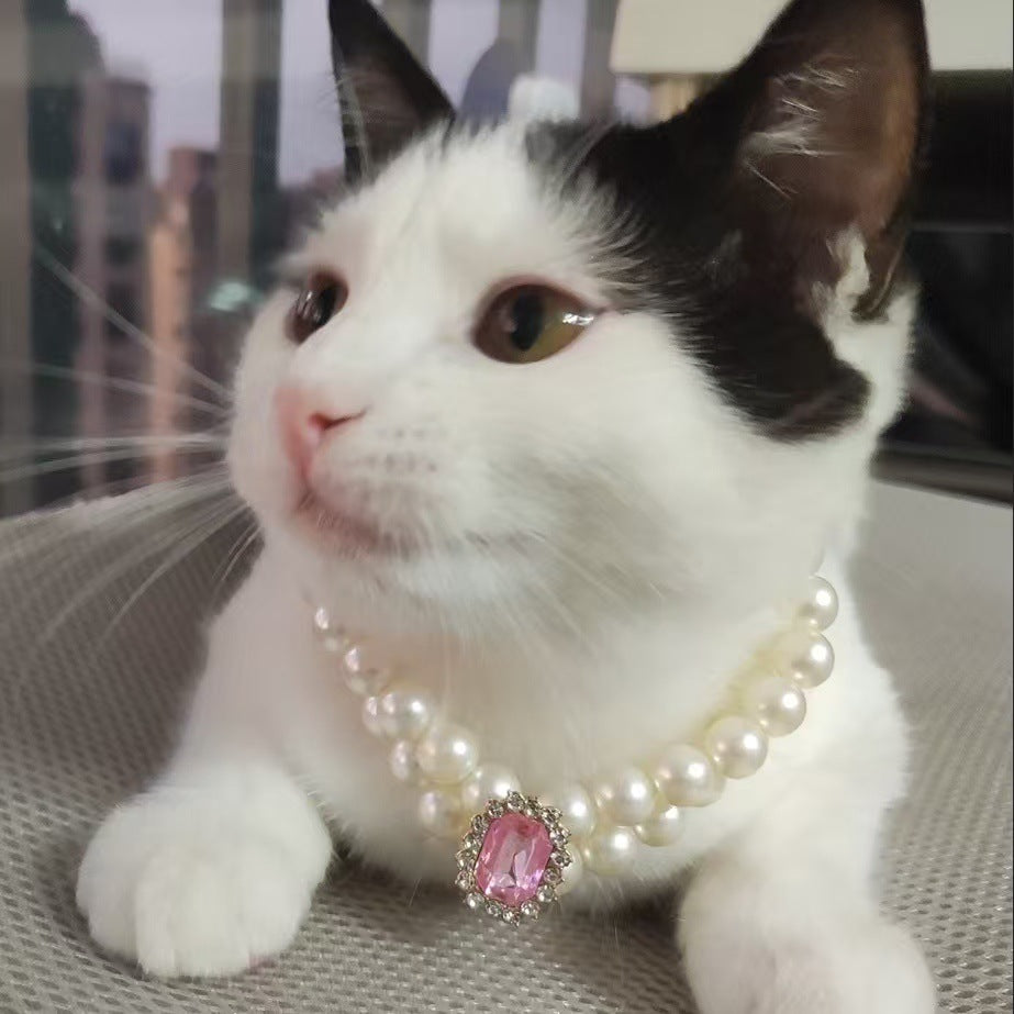 3-pcs Pink Diamond Double Strand Pearl & Rhinestone Pet Necklace - Luxury Collar for Cats & Dogs Size S (20-26CMCM)