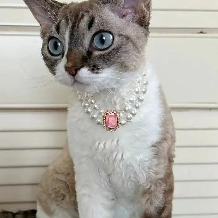 3-pcs Pink Diamond Double Strand Pearl & Rhinestone Pet Necklace - Luxury Collar for Cats & Dogs Size S (20-26CMCM)