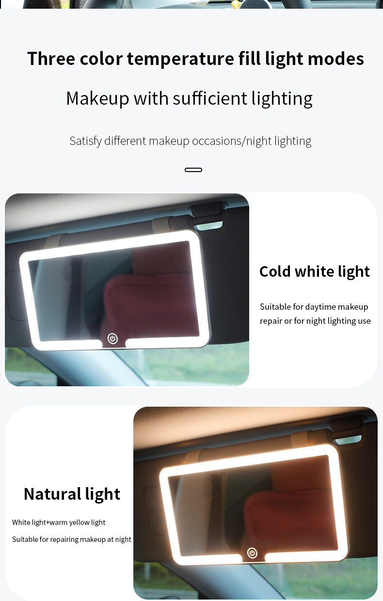 Black double button Car Sun Visor Makeup Mirror with LED Light - Tri-Color, Touch Control