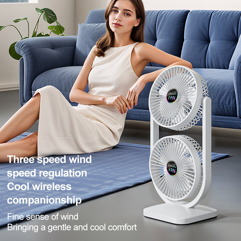 White Dual Head USB Rechargeable Desk Fan - Portable Double Air Circulator